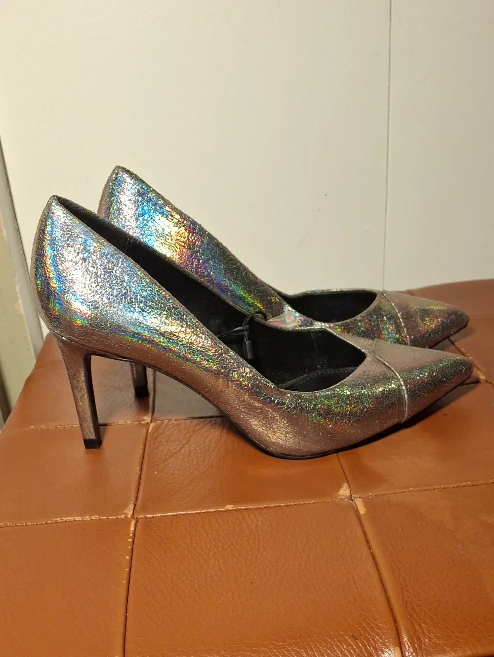 Zara Metallic Iridescent Pointed-Toe Pumps - Silver